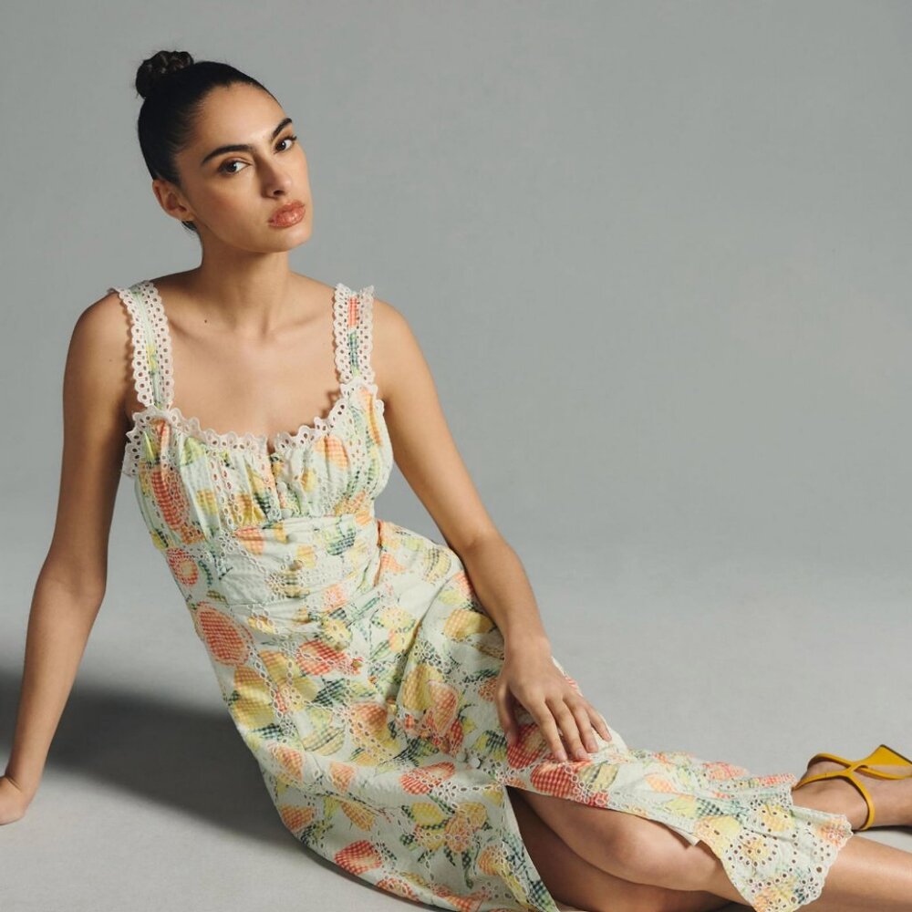 Anthropologie orange yellow fruit eyelet ruffle sleeveless prairie dress NWT